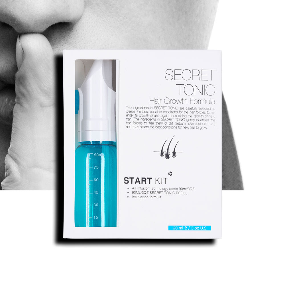 Secret Tonic Lotion Starter Kit cleanses the scalp and stimulates the hair follicles to promote new hair growth.
